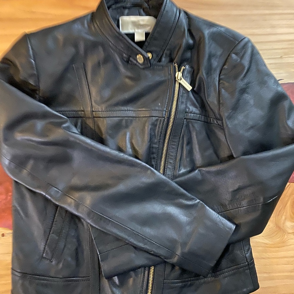 Michael Kors Black Leather Jacket with gold accents